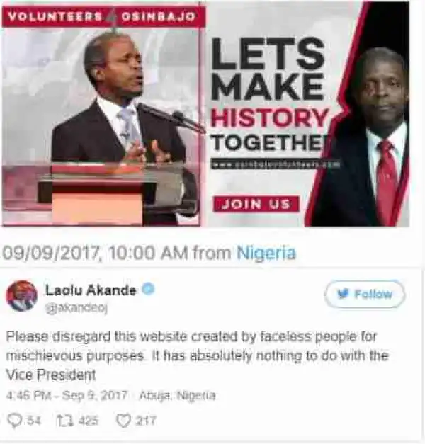 Please Disregard Reports Saying,’Vote Osinbajo 2019? – Media Aide